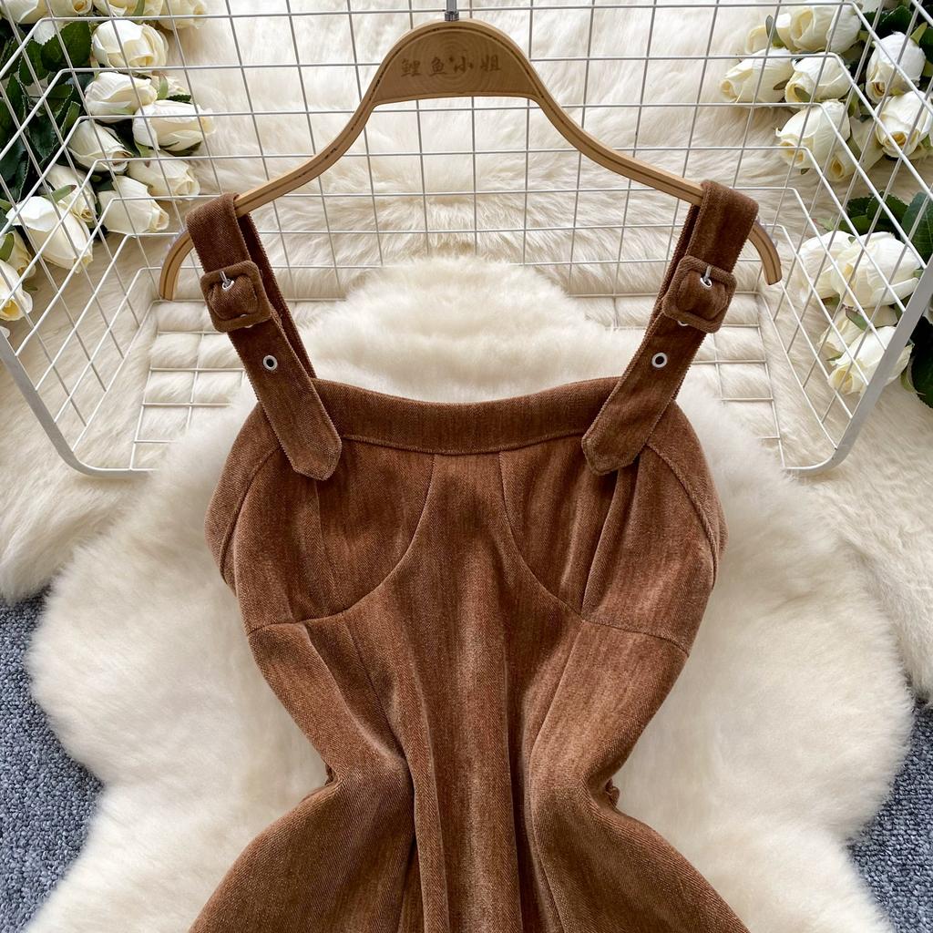 Toamnă Iarnă Anglia Stil Vintage Femei Rochii Midi Lungi din Catifea Cord cu Bretele Spaghetti