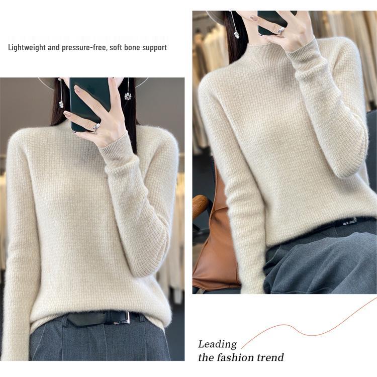 Women's Slim-Fit Long-Sleeve Wool Base Layer Sweater – Soft High-Neck Knitwear for Autumn and Winter