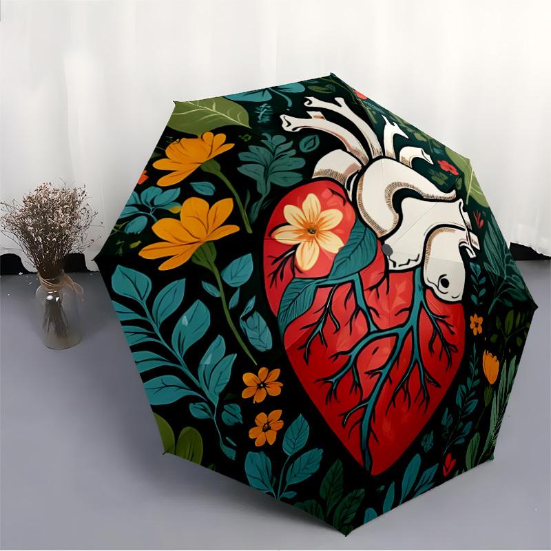 1pc Heart Flowers Automatic Open/Close Umbrella with Windproof, Functional Design, 8-Rib Sturdy Canopy