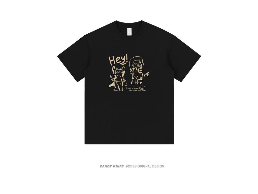 Unisex Summer Trend Cat Print Cotton Tee, Drop Shoulder, Loose Fit