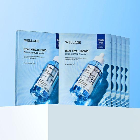 Feuchtigkeitsspendendes Klebepack/5 Blätter WELLAGE Real Hyaluronic Blue Ampoule Maske 5 Blätter