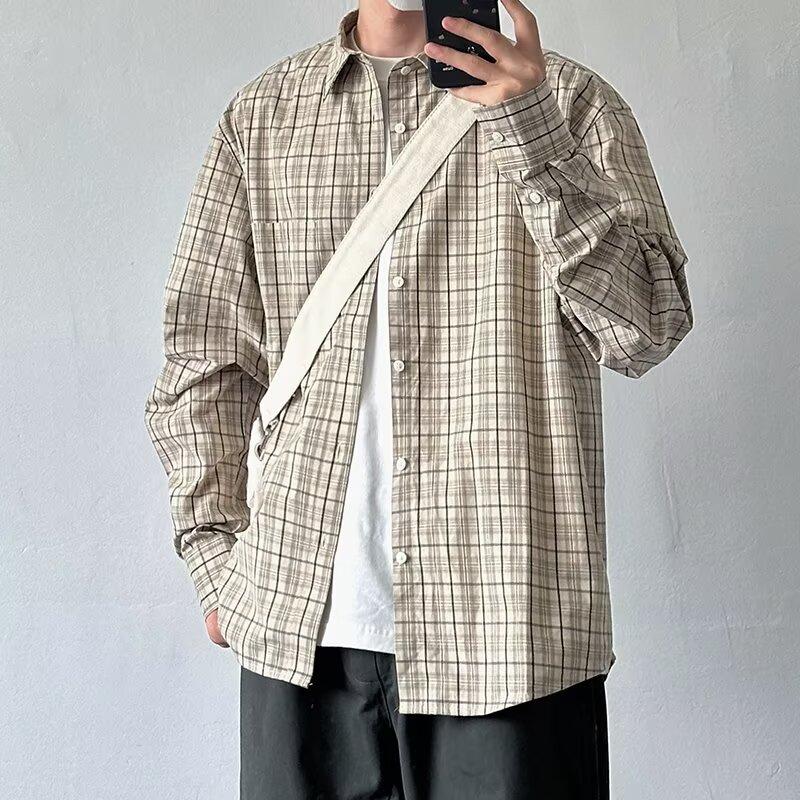 

2024 Клетчатая рубашка с длинным рукавом в японском стиле Гонконга Ins Свободная рубашка для мальчиков Летнее модное универсальное повседневное пальто 2XL хаки