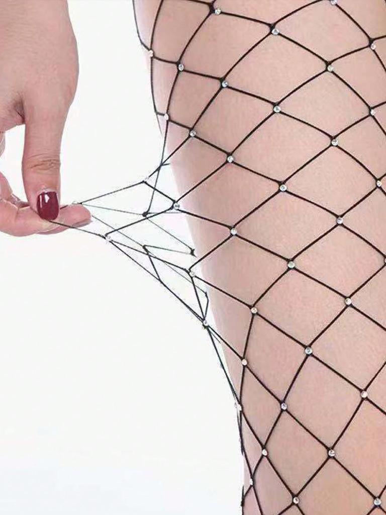 1 Pc Sexy Women Rhinestone Fishnet Tights Crystal Stockings Black BIG Larger Mesh Diamond Glitter Pantyhose Sexy Tights Socks