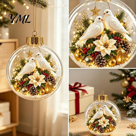 3D Holiday Character Figurines Christmas Faux Crystal Ball Hanging Ornaments with Warm LED Decorative Gift Souvenirs Lights, Luminous Tree Pendant for