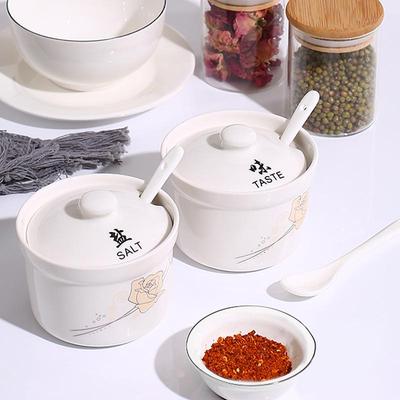 Chinese Ceramic Spice Jar Set with Lids & Spoons - Salt, Sugar, Chili Containers for Kitchen