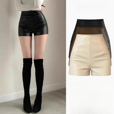 Women's Fall Winter High Waisted Bodycon Petite Slimming PU Leather Outer Wear Straight Leg Pants Skirt Pants Mini Shorts