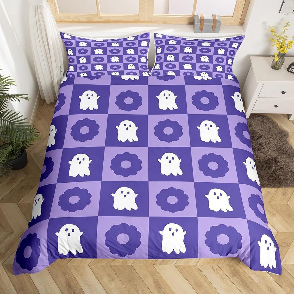 Ghost Duvet Cover Queen King Size Cartoon Cute Ghost Decorative Bedding Set for Kids Girls Teens Happy Halloween 3 Piece Set