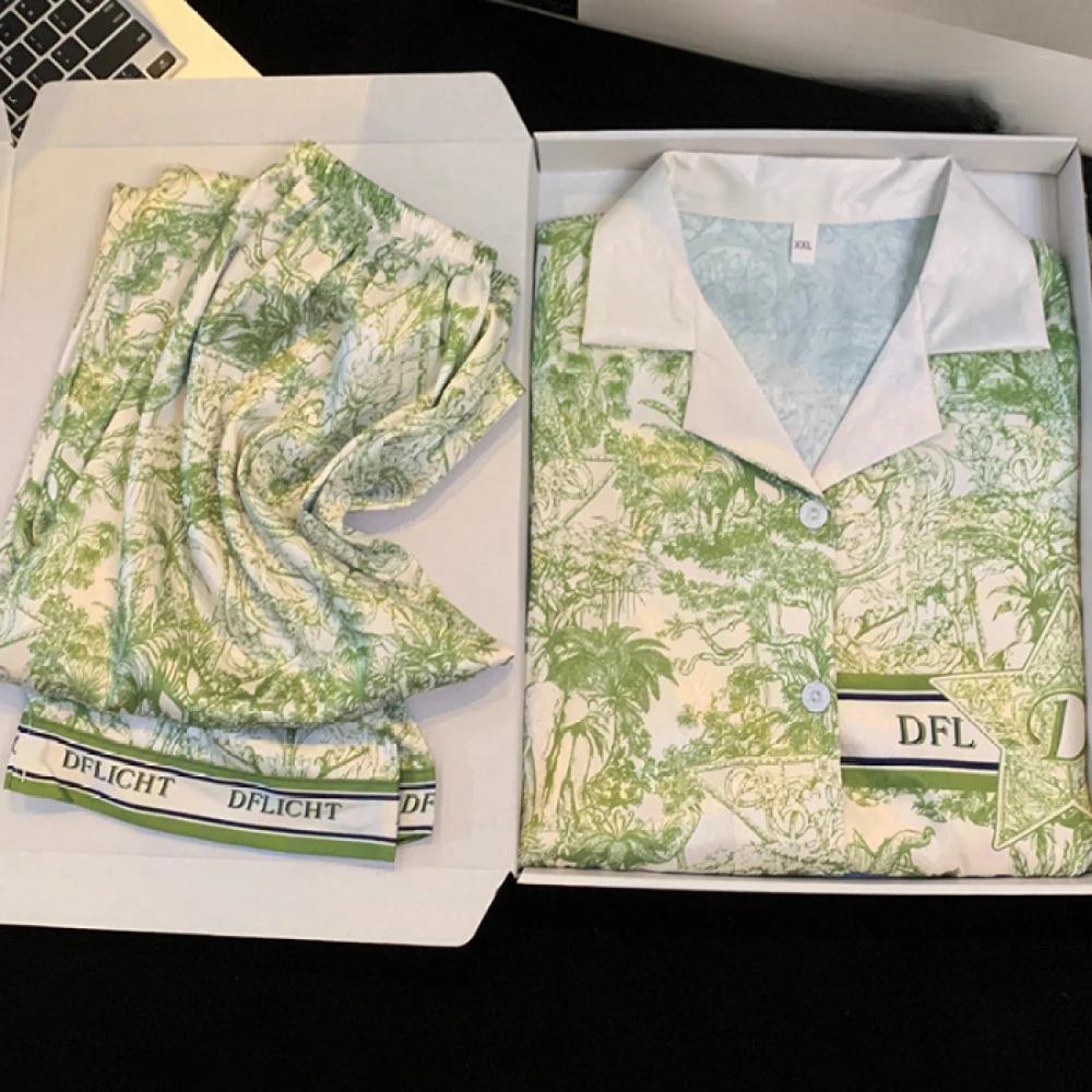 Jarní podzimní žakárové ledové hedvábí dámské pyžamo dvoudílné sady s dlouhým rukávem a kalhotami na spaní klasické elegantní dámské domácí oblečení