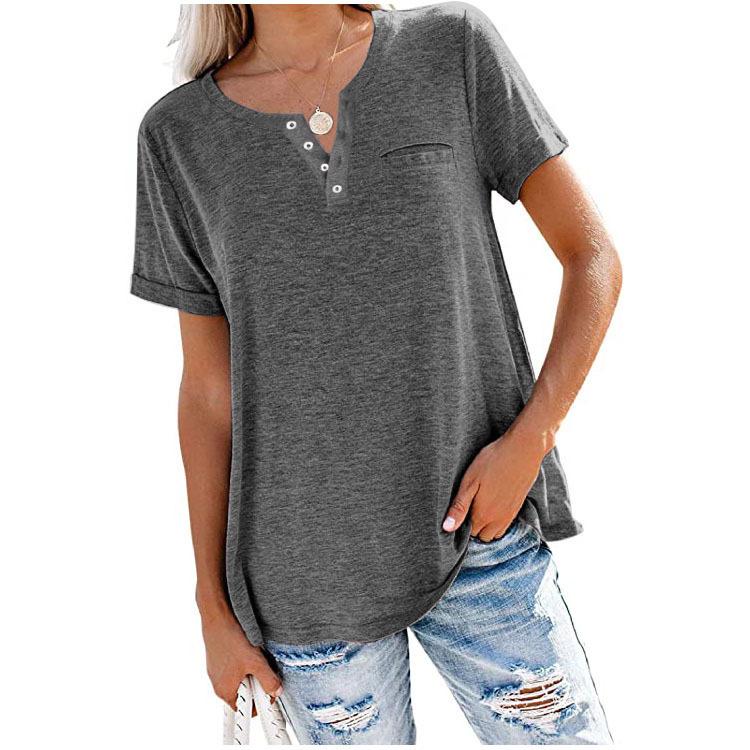 New Women's V-Neck Short Sleeve Loose Pocket T-shirt for Spring/Summer - Europe & America Style