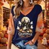 Women's V-Neck Casual Halloween Print Three-Quarter Sleeve Top for Fall Festive Occasions