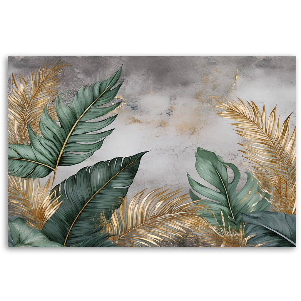 Canvas print, Gold and green leaves on a gray background