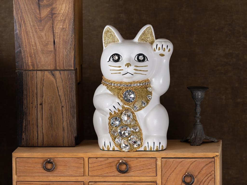 Lucky Cat Jewelry Cat Left Paw Raised Ceramic Lucky Cat Maneki Neko Feng Shui Ornament Offering Box (L-SIZE White) / - (Lucky Cat) - - (jw_L White)