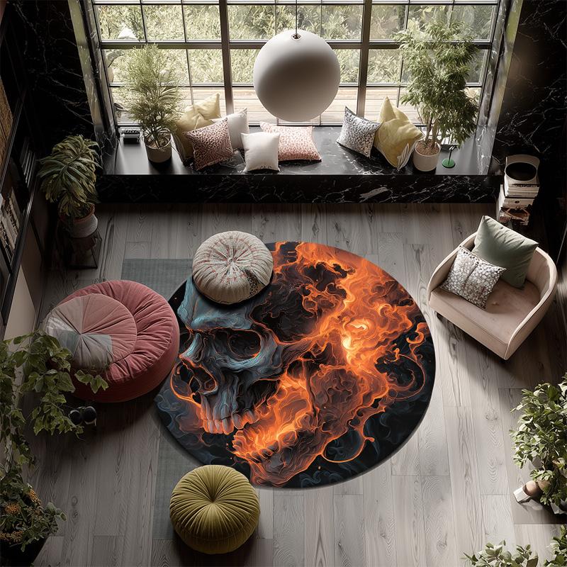 Fire and Smoke Skull  Round Area Rug,Carpet Rug for Living Room Bedroom Sofa Playroom Decor,Non-slip Floor Mat