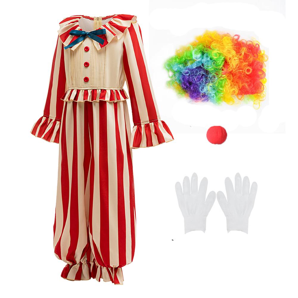 Carnaval Jumpsuit en pruik handschoenen Sets Jongens Meisjes Circus Clown Feestkostuum Gestreept Jumpsuit Voor Kinderen Verjaardag Podiumoptreden 140