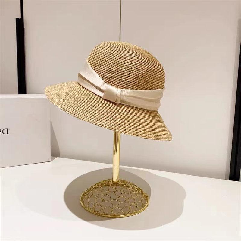 Temperament satin face hat women's summer French braided bucket hat foldable seaside beach sun hat