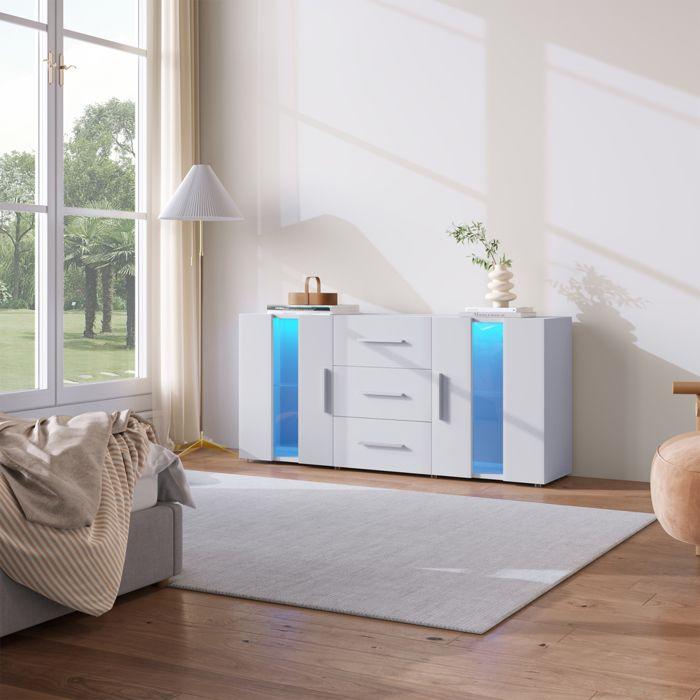 Modern TV Stand, White, with LED Lighting, 2 Doors and 3 Drawers, Living Room Furniture, 140 X 35 X 70 Cm
