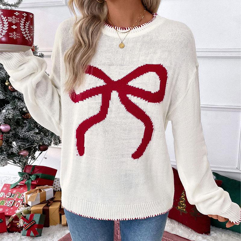 

2025 Autumn/Winter Women s Bow Christmas Round Neck Long Sleeve Pullover Sweater Medium кремовый/белый