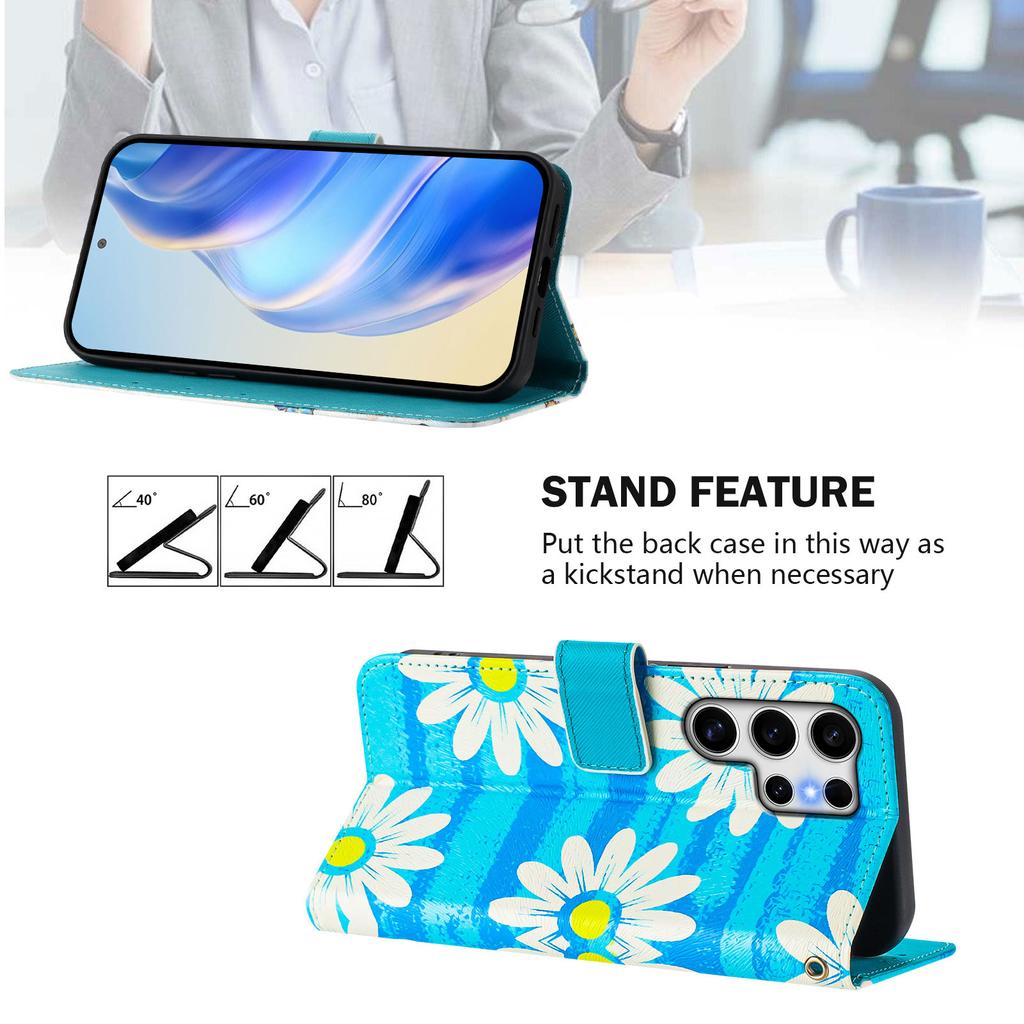 Blue Daisy Luxury Painted Leather Case Wallet PU Leather Book Style Cover for Samsung Galaxy S21 S22 S23 S24,A13 A15 A16 A06 A54...