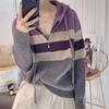 Contrasting Color Striped Hooded Sweater Jacket Women's Spring and Autumn New Korean Version Loose Fashion Double Zipper Knitted Cardigan