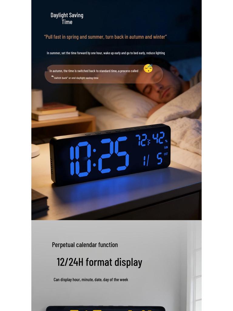 RGB Bluetooth Smart Wall Clock with Automatic Time Sync, Alarm, Temperature & Humidity Display, Perpetual Calendar, and Remote Control.