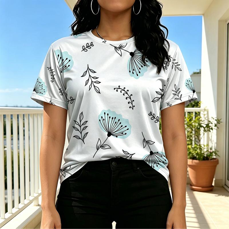 Women's Basic Short Sleeve T-Shirt, Minimalist Floral Design, Soft & Comfortable, Versatile for Casual Outings & Girls' Gatherings