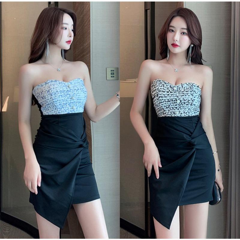 Tube top one-word shoulder pure desire sexy low-cut babes dress women's summer new tight bag arm irregular