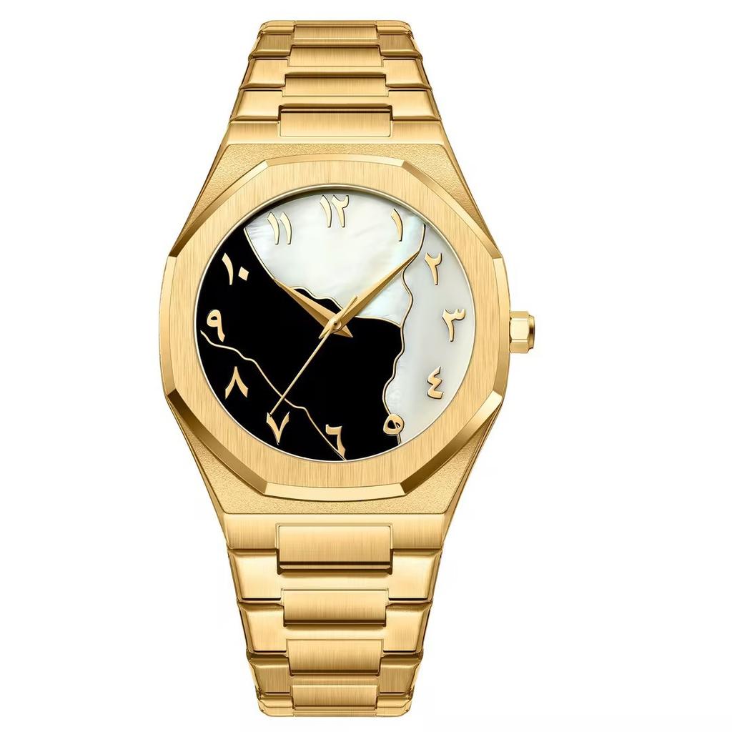 Waterproof Men's Watch Arabic Numeral Alloy Case Stainless Steel Luxury Shiny Black Silver Watch