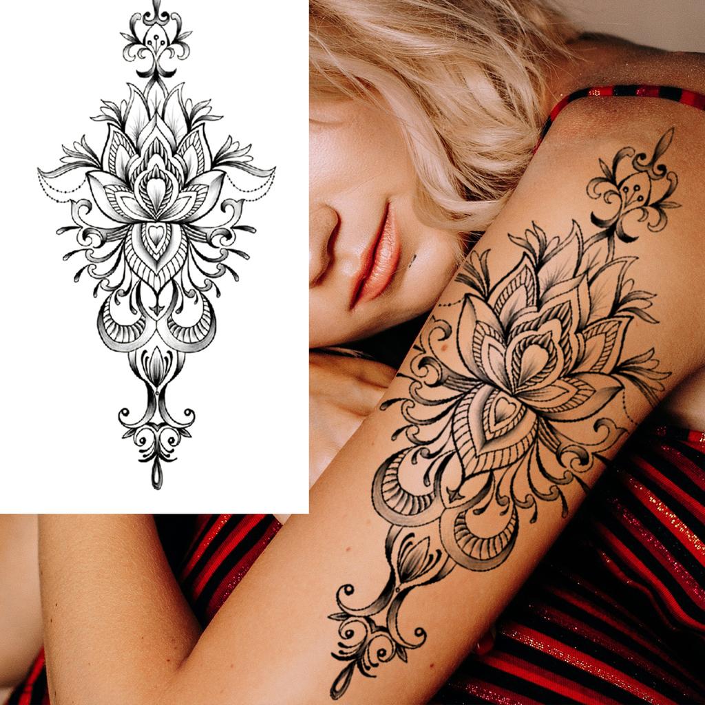 1 Sheet Black Henna Mandala Fake Jewels Temporary Sleeve Tattoos For Women Girls Forearm Waist Chest Back Tattoo Sticker Decal