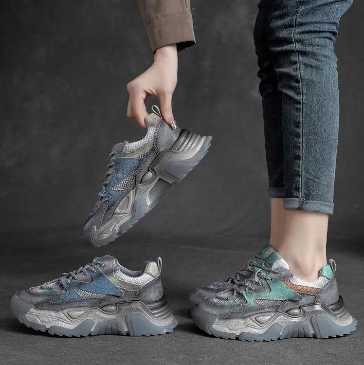 Fashion 5CM Air Mesh Genuine Leather Chunky Sneaker Flats Booties Autumn Sneaker Women Comfy Spring Summer Mixed Color Ankle Boots Shoes