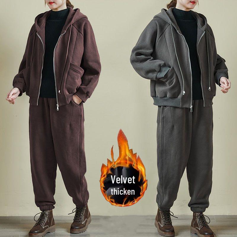 

Women s Plush & Thickened Two-Piece Sports Suit – Loose Hooded Sweater & Pants for Autumn/Winter L сірий колір