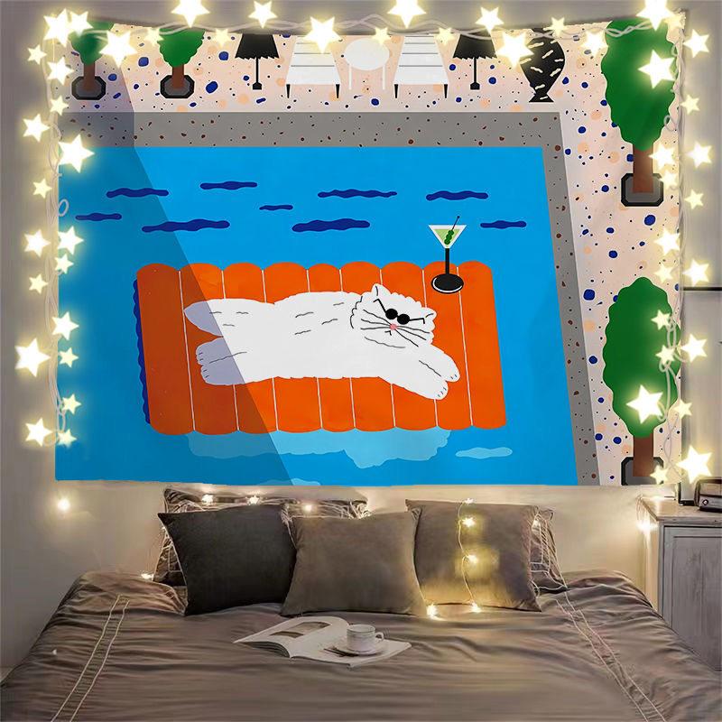 Black Cat Cartoon Anime Tapestry Wall Decor Anime Illustration Background Cloth for Bedroom Headboard 100X70CM