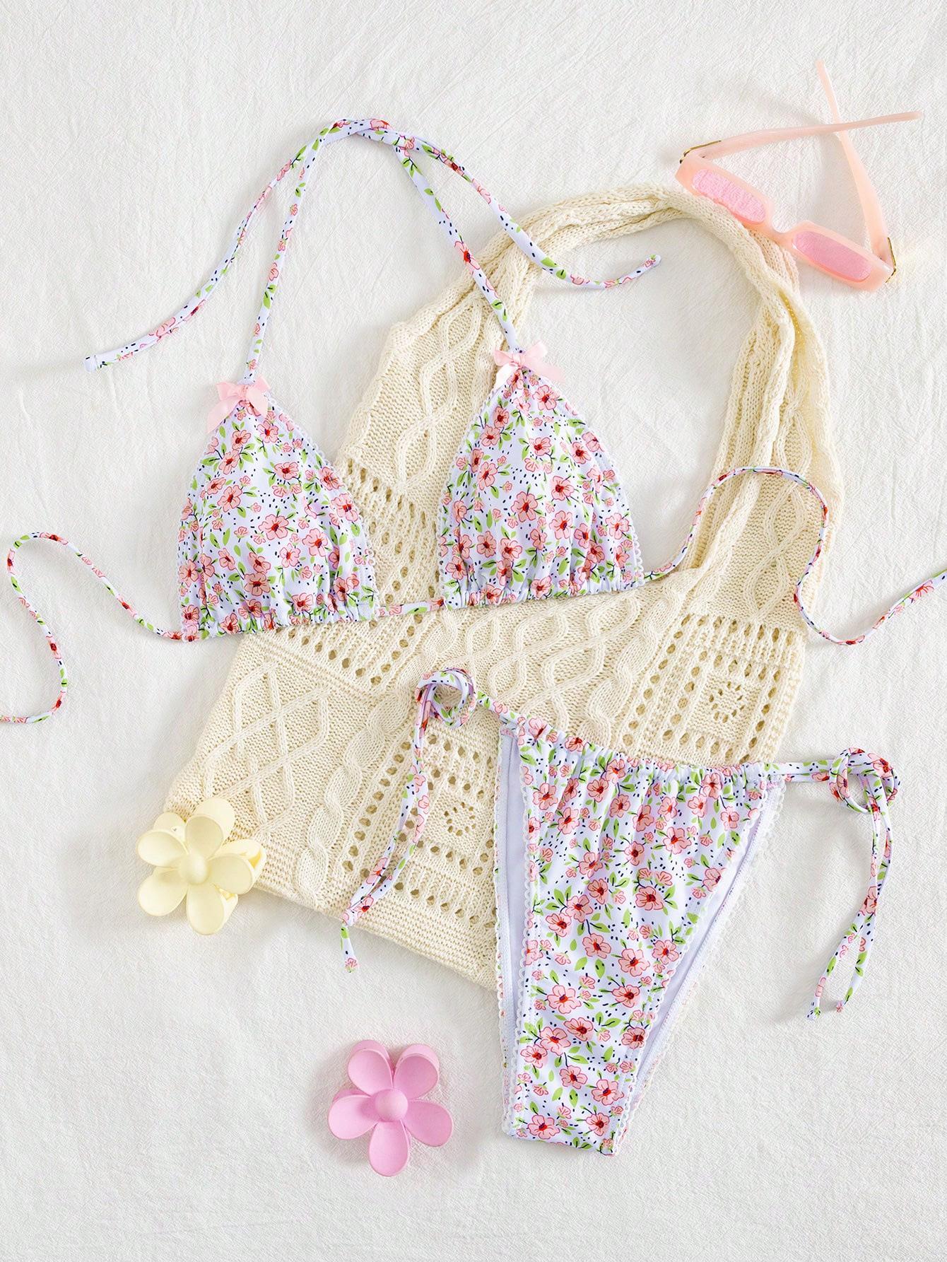 Floral lace-up European and American swimsuit bikini hot spring beach bikini swimsuit ladies L
