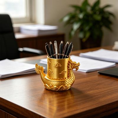 3D Printed Golden Dragon Boat Pen Holder Chinese Traditional Desk Organizer with Dragon