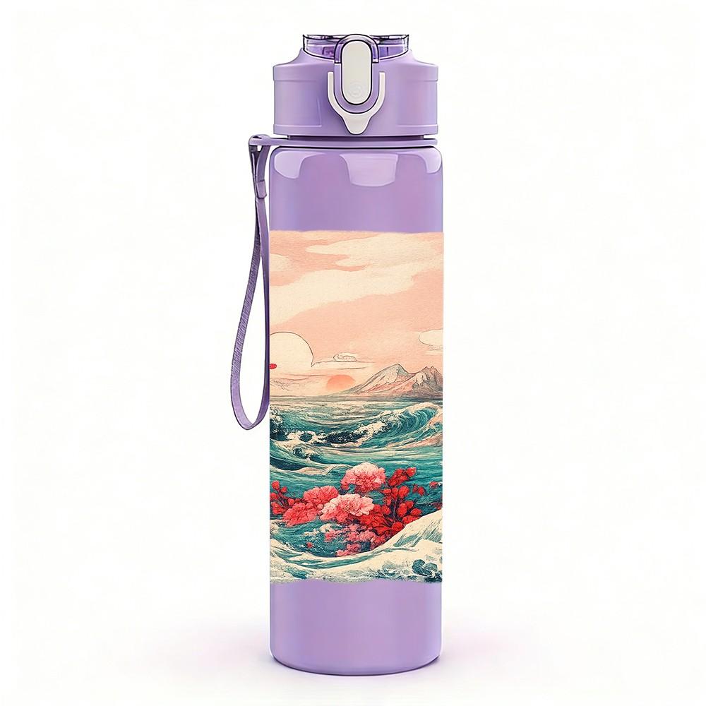 1PC Ocean Wave Mountain Watercolor Print 750ml Color Plastic Sports Water Bottle Leakproof Flip Straw Lid Suitable for Sports Office Home Use