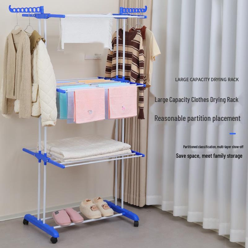 Folding Towel Rack with Retractable Double Rod for Balcony and Floor Drying