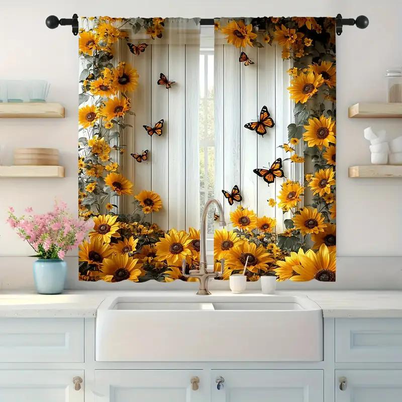 2pcs- Floral and Plant Printed Curtains, Pole Bag Curtains, Bedroom and Living Room, Home Decoration, Room Decoration