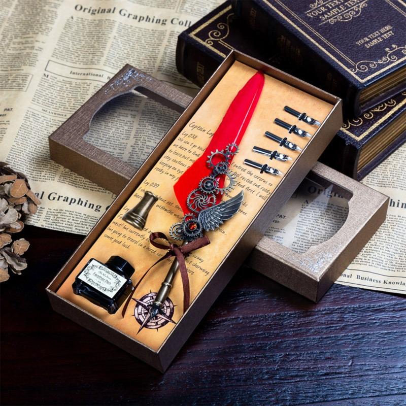 Feather Pen Quill Pen Dip Pen Set with Ink 5x Different Replacement Nibs Pen Holder for Calligraphy Lovers Festival Gift
