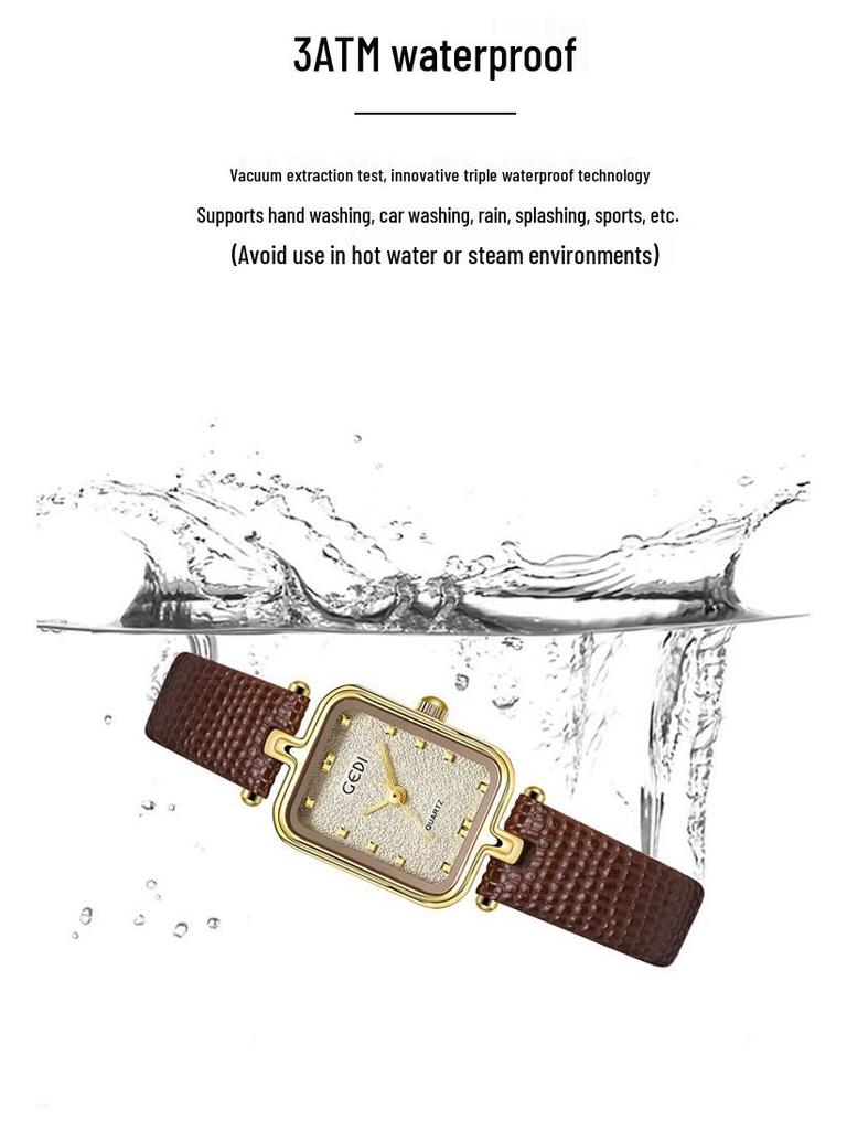 Gedi Women's Retro Minimalist Square Watch with Leather Strap - New Waterproof Quartz Design