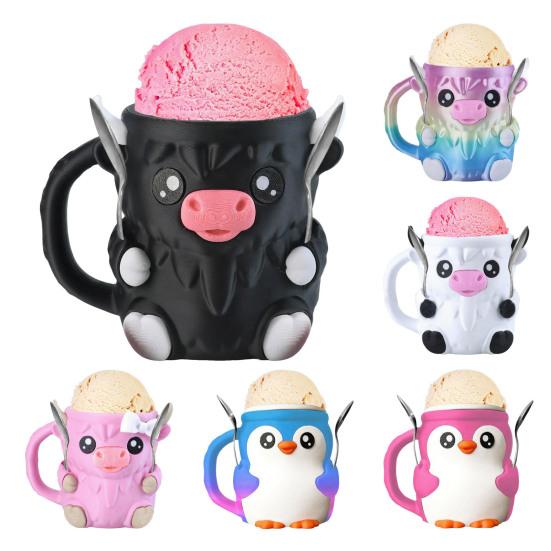 Highland Cow Ice Cream Pint Holder with 2 Spoons Penguin Ice Cream Holder Reusable Popsicle Containers Beer Can Holder for Kitchen Cafe Restaurant