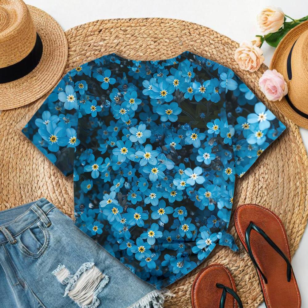 Summer Round Neck 3D Blue Flower Print Top Fashionable Casual Short Sleeved Women's T-shirts