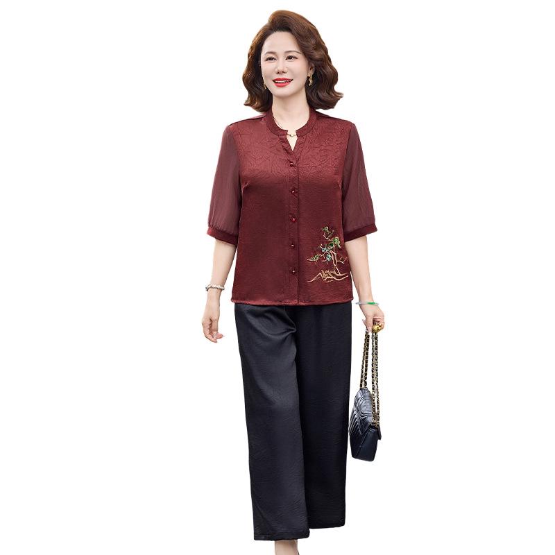 Mom's Stylish 2026 Summer Short-Sleeved Silk Blouse and T-Shirt Set for Middle-Aged and Elderly Women