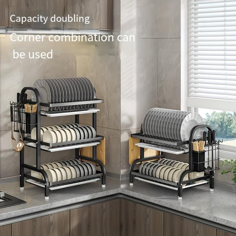 1pc 2/3-Tier Dish Rack for Kitchen Counter,Dish Racks with Drainboard for Kitchen Countertop,Metal Dish Drainer with Utensil Holders