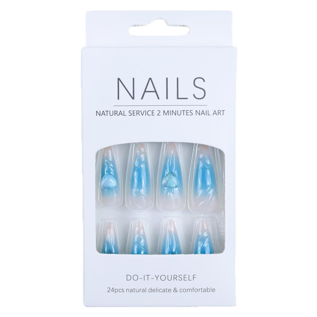 Blue Heart Gradient 3D Wearable Almond Shape Nails