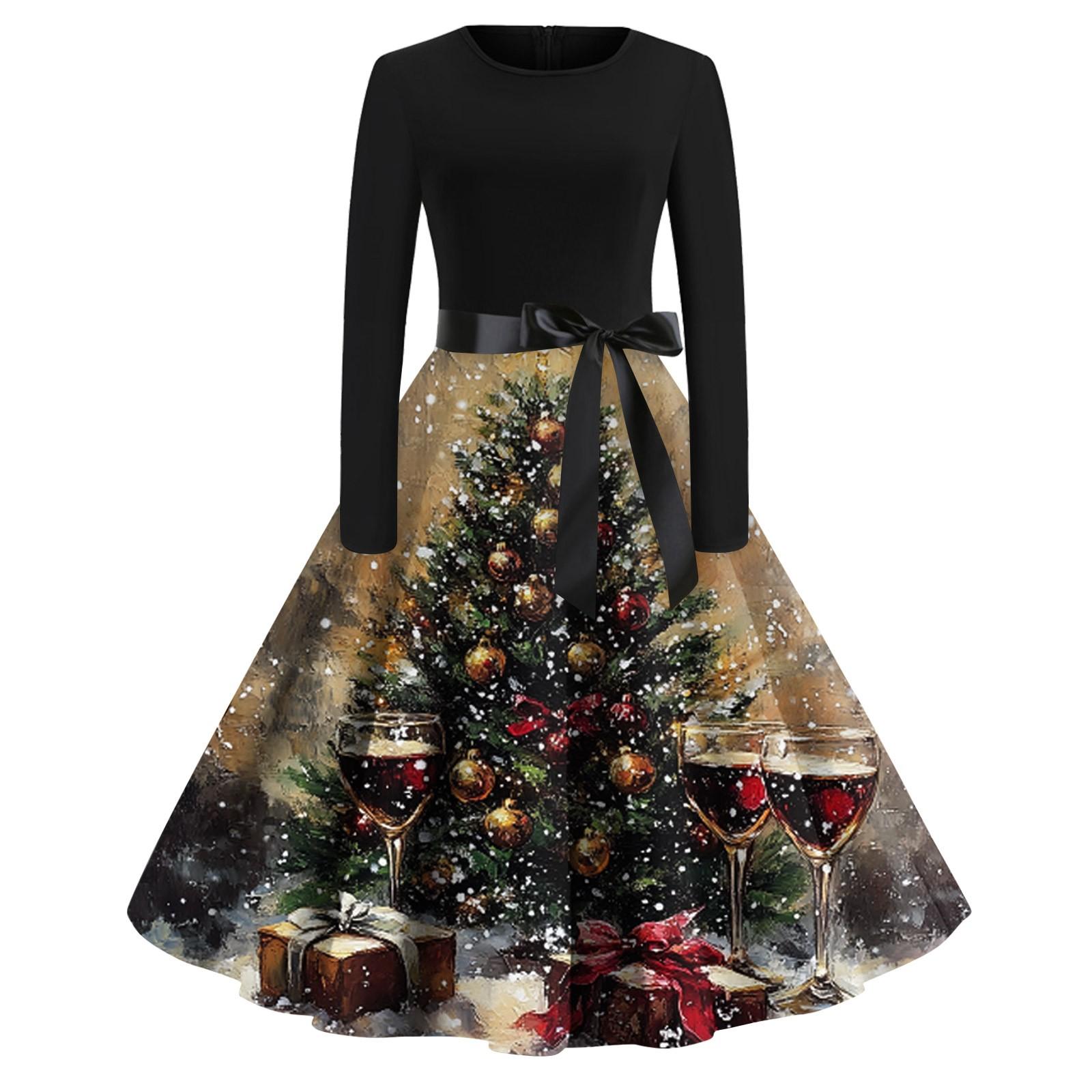 

Женское модное винтажное платье с длинным рукавом и круглым вырезом с рождественским принтом XL