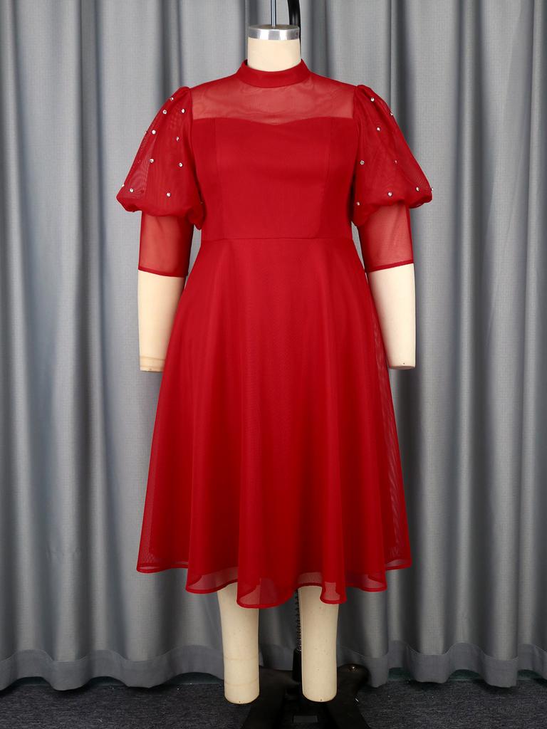 Plus Size Half High Collar A Line Midi Dress for Women with Sheer Puff Sleeve Perfect for Weddings Parties or Holiday Gatherings