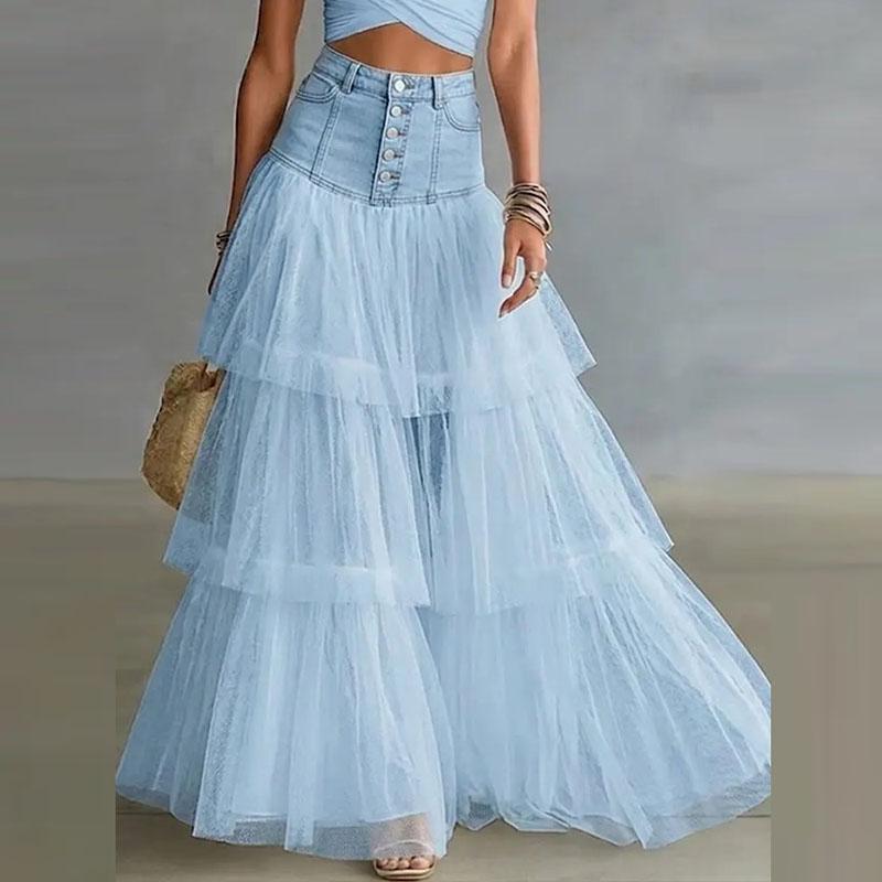 Elegant Denim Patchwork Tulle Maxi Skirts High Waist Button Pocket Multi Tier Ruffle Mesh Flowy Skirt Women Autumn Casual Skirts