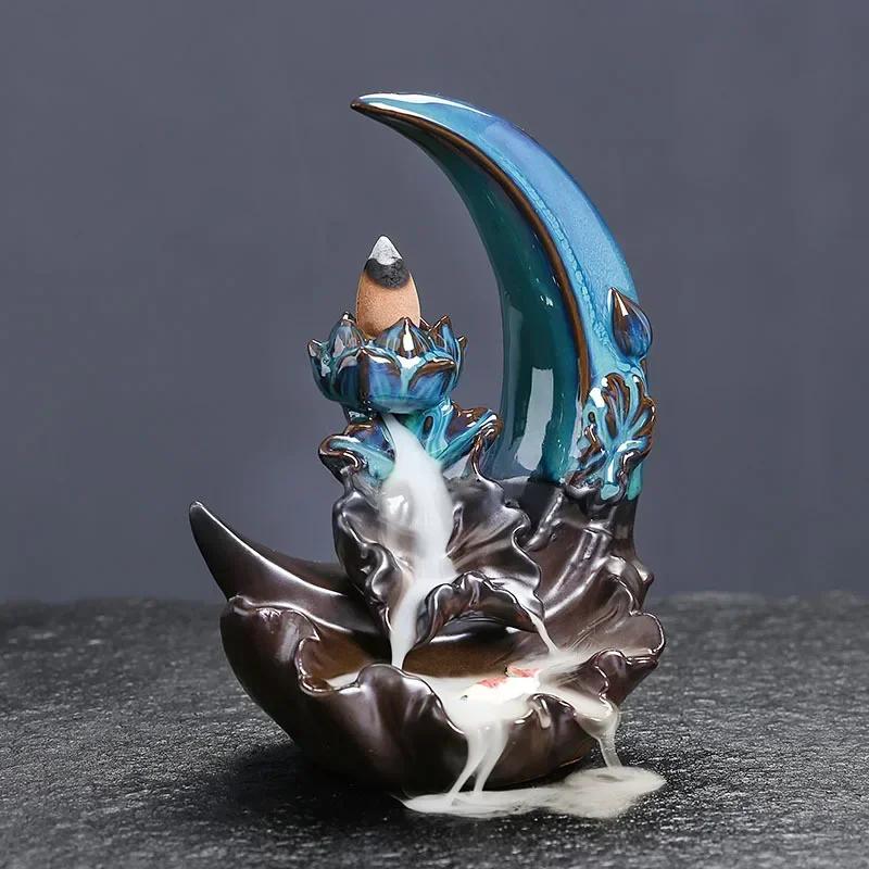 Kreativer Räuchergefäß aus Keramik für Ramadan mit Rückfluss-Wasserfall-Design zur Heimdekoration, Mond- und Lotusmuster (Ohne Weihrauch)