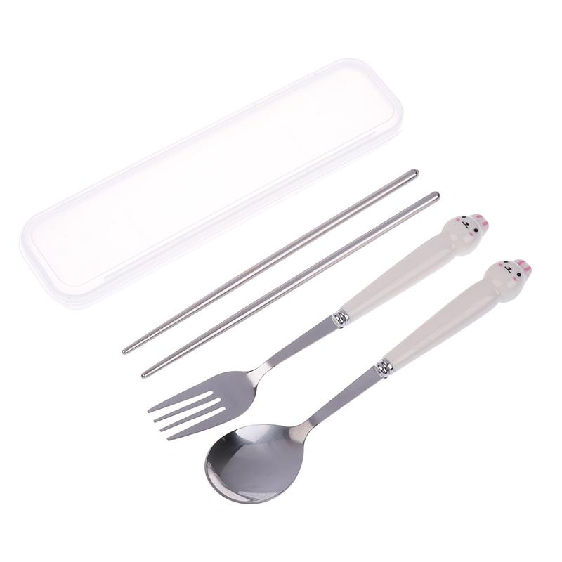 Sada nádobí s kresleným králíkem a lžící a vidličkou z nerezové oceli, hůlky, studentské přenosné nádobí, cestovní příbory s krabičkou