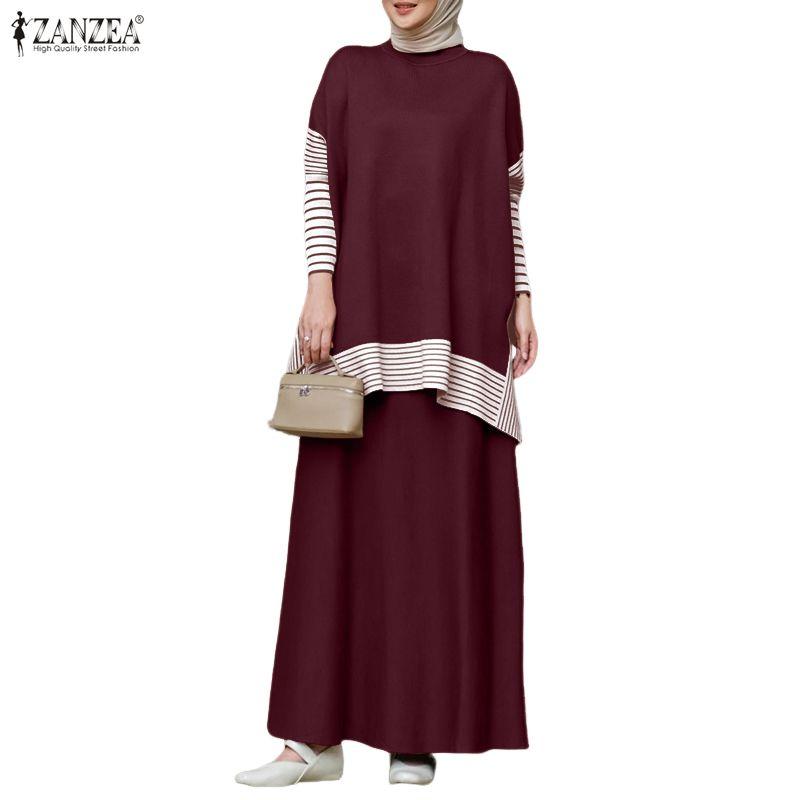 ZANZEA Women Long Sleeve Blouse and Long Skirts Muslim Two Piece Suit Sets
