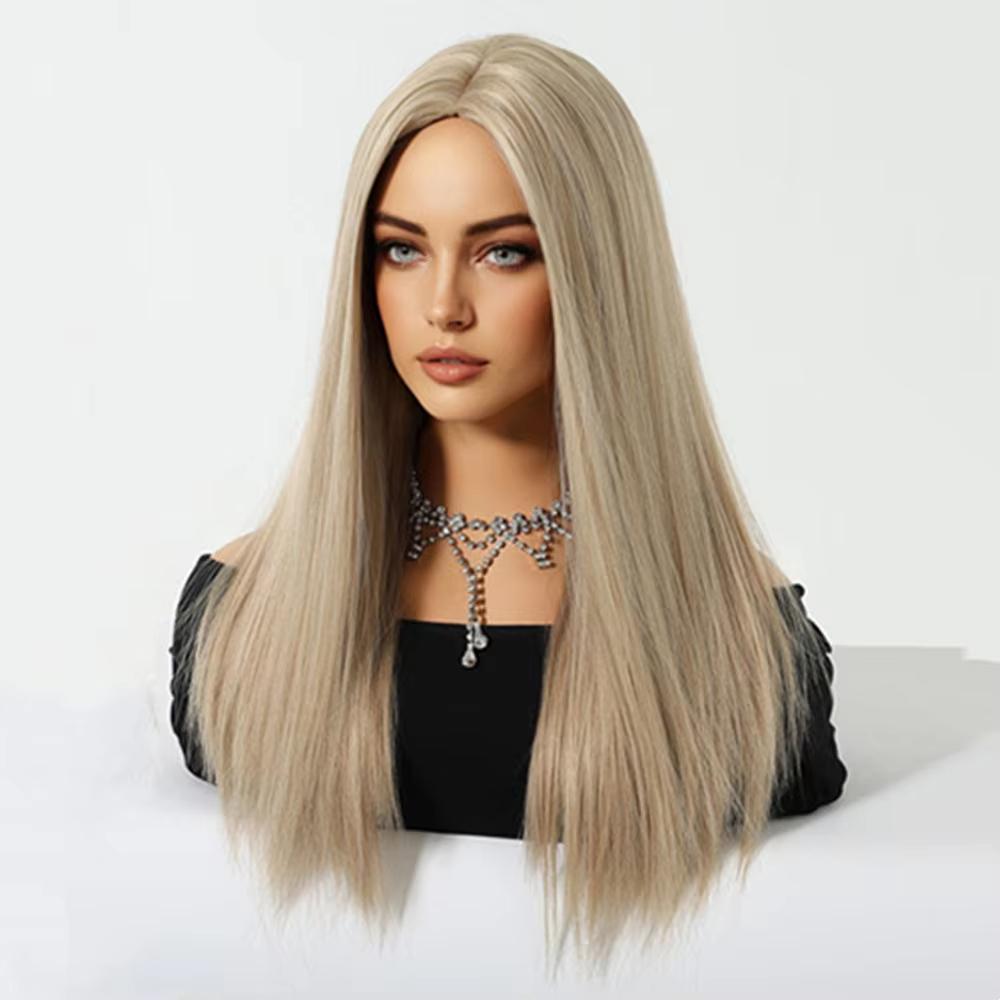 ALAN EATON Middle Part Blonde Synthetic Wigs Long Silk Straight Wig for Women Natural Looking Realistic Wig Heat Resistant Fiber
